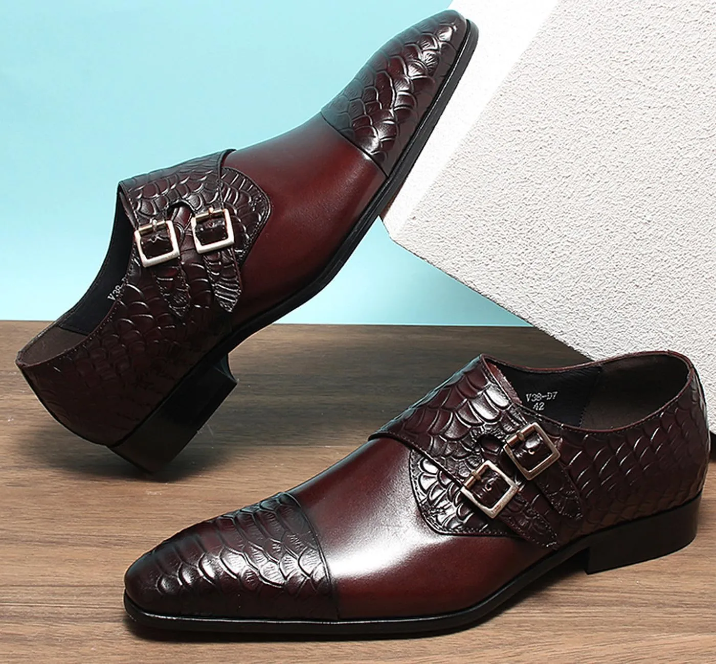 Men’s Leather Dress Shoes – Monk Strap Loafres with Double Buckle, Cushioned Insole & Slip-Resistant Sole for Business Casual, Wedding & Formal Wear