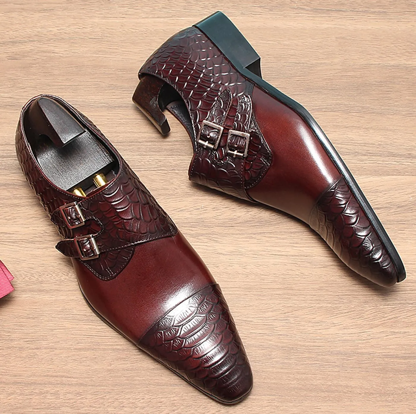 Men’s Leather Dress Shoes – Monk Strap Loafres with Double Buckle, Cushioned Insole & Slip-Resistant Sole for Business Casual, Wedding & Formal Wear
