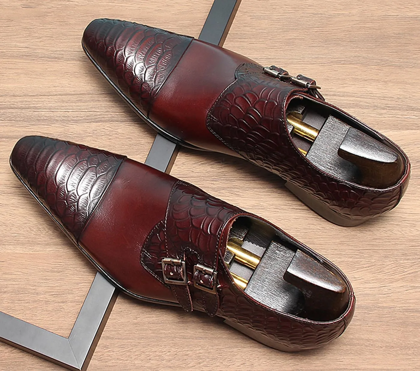 Men’s Leather Dress Shoes – Monk Strap Loafres with Double Buckle, Cushioned Insole & Slip-Resistant Sole for Business Casual, Wedding & Formal Wear