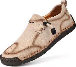 Men's Leather Hand Stitching Lace-Up Loafers Lightweight Breathable Round Toe Slip-On Flat Chukka Oxfords Driving Walking Shoes