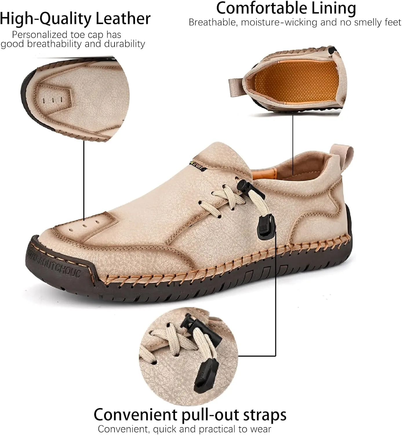 Men's Leather Hand Stitching Lace-Up Loafers Lightweight Breathable Round Toe Slip-On Flat Chukka Oxfords Driving Walking Shoes