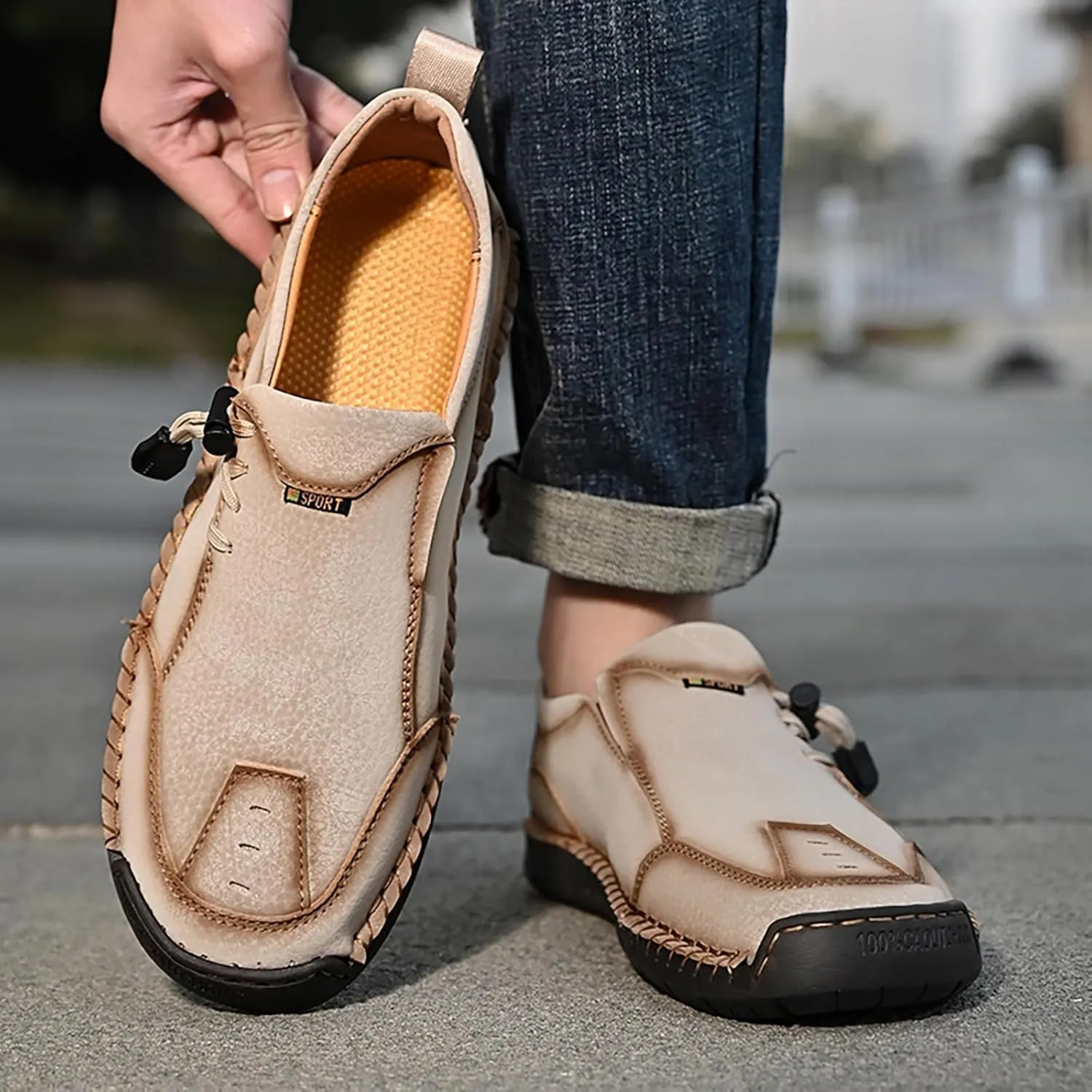 Men's Leather Hand Stitching Lace-Up Loafers Lightweight Breathable Round Toe Slip-On Flat Chukka Oxfords Driving Walking Shoes