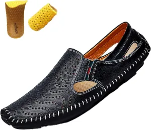 Men's Leather Loafers Cutout Breathe Hand-Stitching Slip on Lightweight Comfy Soft-sole Driving Walking Casual Sandals