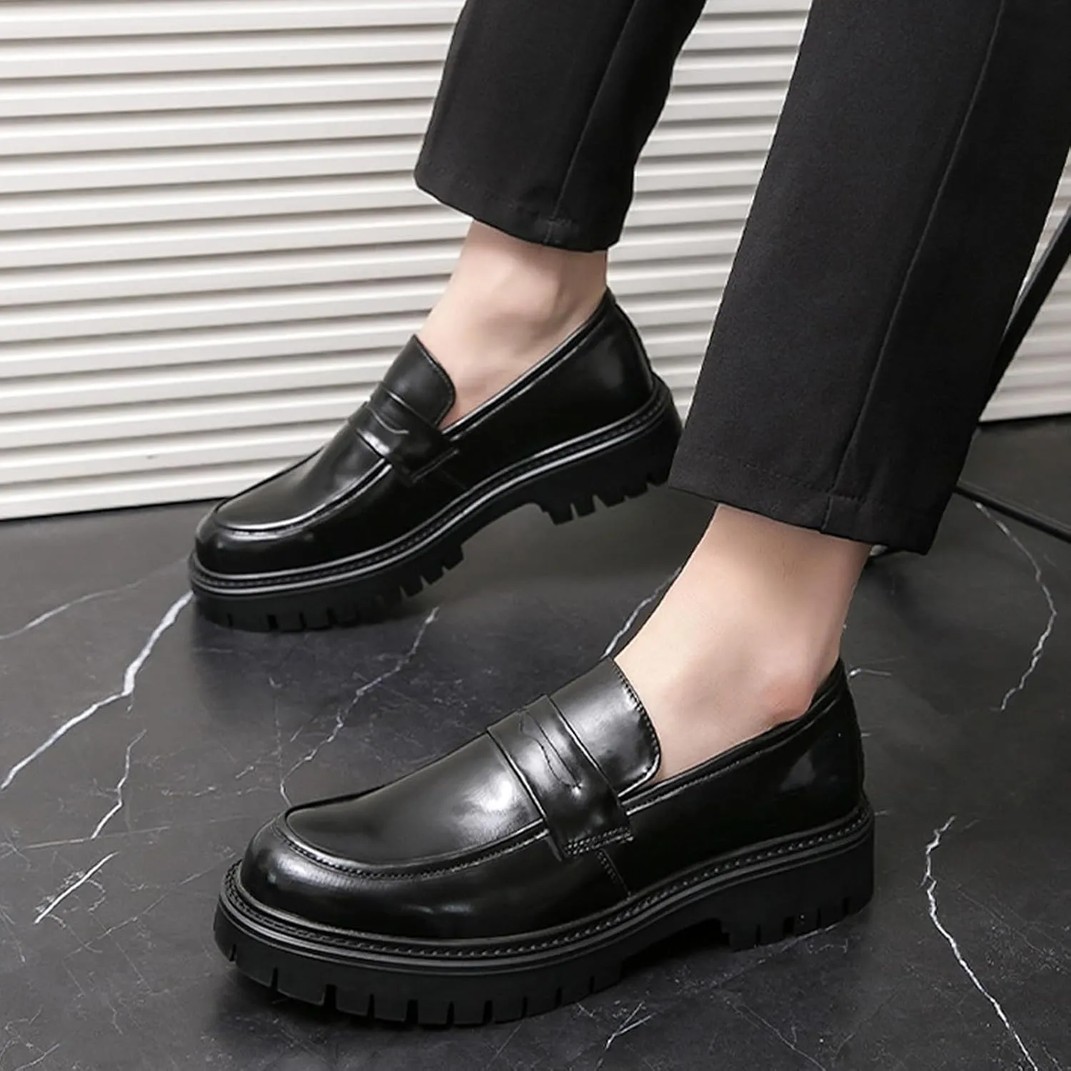 Men's Leather Platform Slip-On Penny Loafers Fashion Business Casual Dress Shoes Comfortable Non-Slip Thick Sole Chunk Heel Driving Loafers