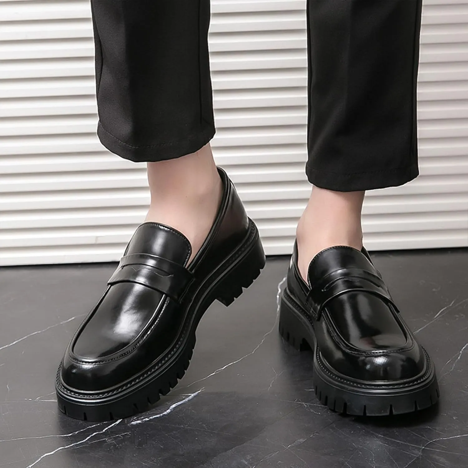 Men's Leather Platform Slip-On Penny Loafers Fashion Business Casual Dress Shoes Comfortable Non-Slip Thick Sole Chunk Heel Driving Loafers