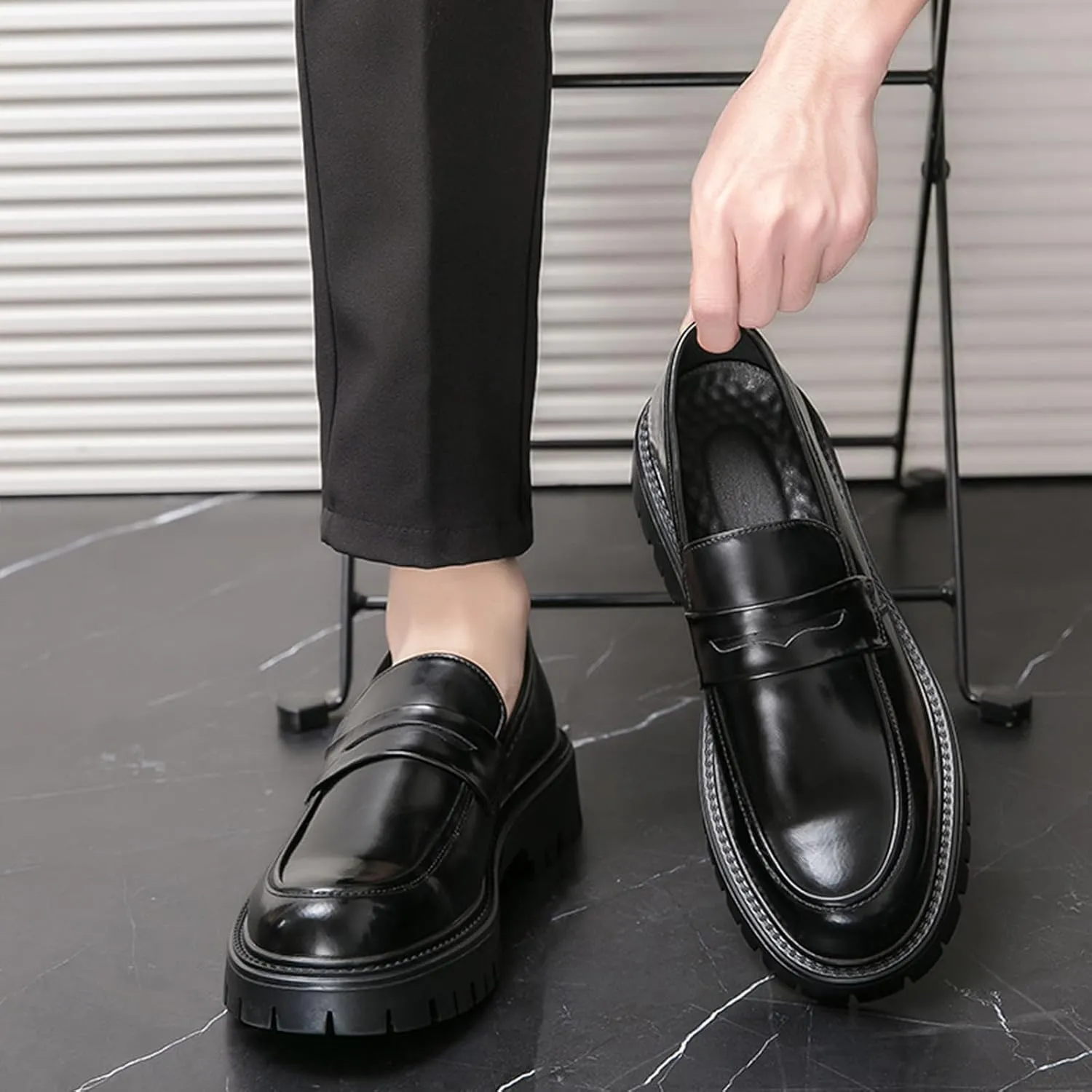 Men's Leather Platform Slip-On Penny Loafers Fashion Business Casual Dress Shoes Comfortable Non-Slip Thick Sole Chunk Heel Driving Loafers