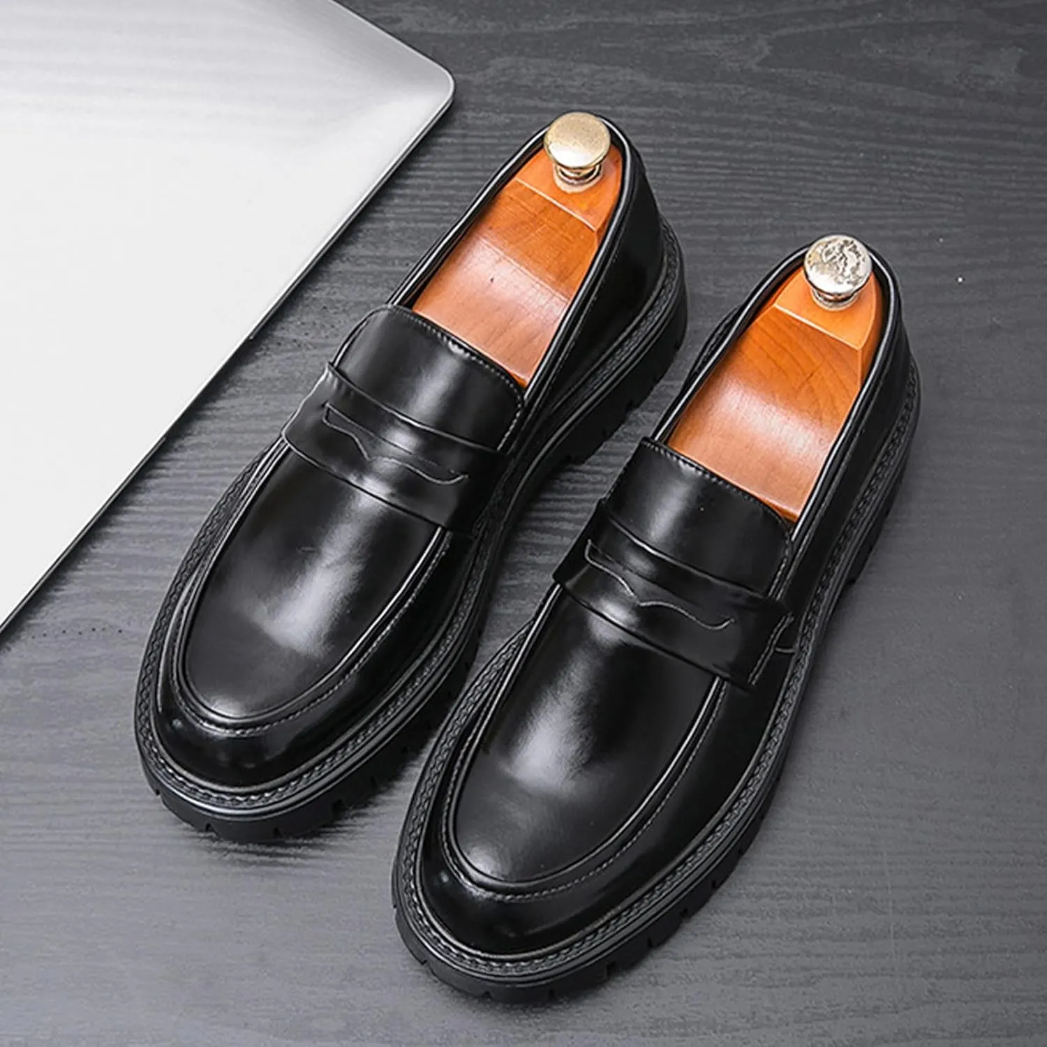 Men's Leather Platform Slip-On Penny Loafers Fashion Business Casual Dress Shoes Comfortable Non-Slip Thick Sole Chunk Heel Driving Loafers