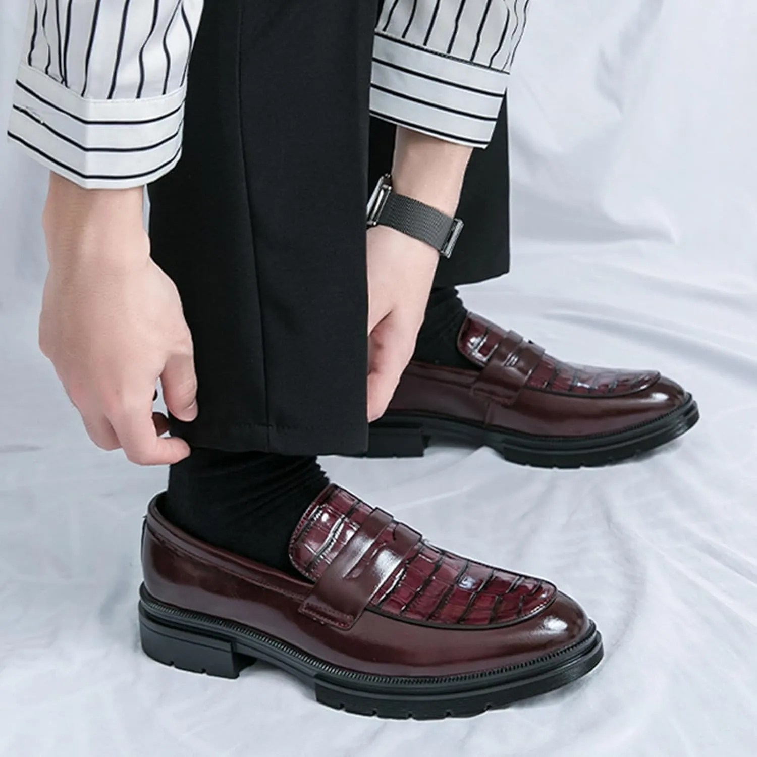 Men's Leather Printed Chunky Platform Penny Loafers Luxury Round Toe Slip-On Lug Sole Office Business Dress Shoes Daily Non-Slip Low Block Heel Casual Shoes