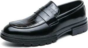 Men's Leather Printed Chunky Platform Penny Loafers Luxury Round Toe Slip-On Lug Sole Office Business Dress Shoes Daily Non-Slip Low Block Heel Casual Shoes