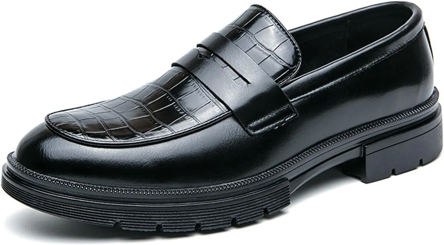 Men's Leather Printed Chunky Platform Penny Loafers Luxury Round Toe Slip-On Lug Sole Office Business Dress Shoes Daily Non-Slip Low Block Heel Casual Shoes