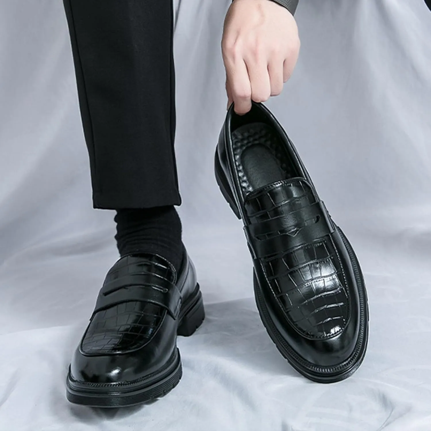 Men's Leather Printed Chunky Platform Penny Loafers Luxury Round Toe Slip-On Lug Sole Office Business Dress Shoes Daily Non-Slip Low Block Heel Casual Shoes