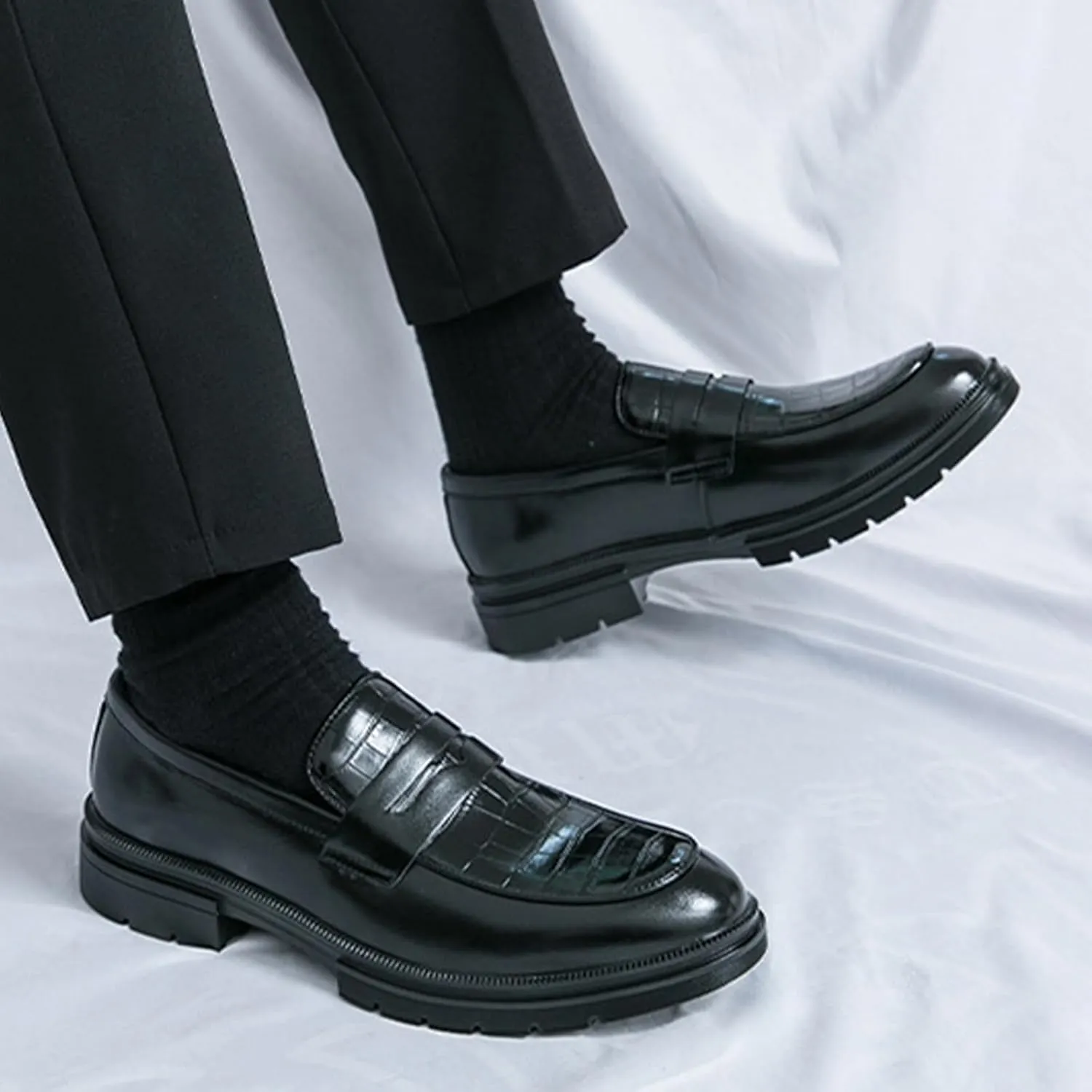Men's Leather Printed Chunky Platform Penny Loafers Luxury Round Toe Slip-On Lug Sole Office Business Dress Shoes Daily Non-Slip Low Block Heel Casual Shoes