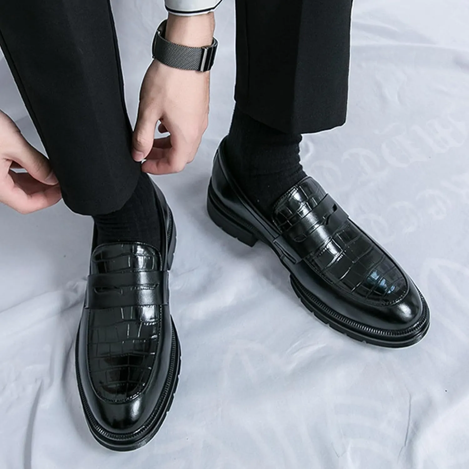 Men's Leather Printed Chunky Platform Penny Loafers Luxury Round Toe Slip-On Lug Sole Office Business Dress Shoes Daily Non-Slip Low Block Heel Casual Shoes
