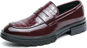 Men's Leather Printed Chunky Platform Penny Loafers Luxury Round Toe Slip-On Lug Sole Office Business Dress Shoes Daily Non-Slip Low Block Heel Casual Shoes