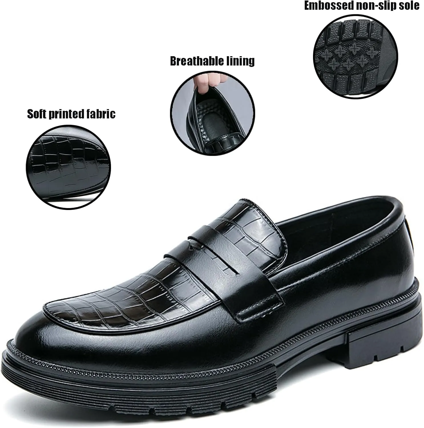 Men's Leather Printed Chunky Platform Penny Loafers Luxury Round Toe Slip-On Lug Sole Office Business Dress Shoes Daily Non-Slip Low Block Heel Casual Shoes