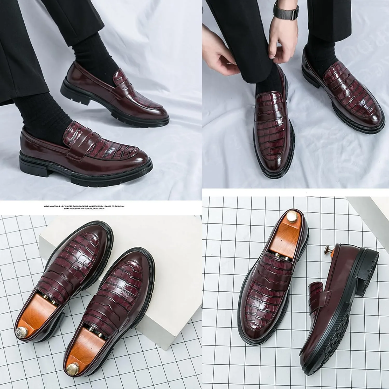 Men's Leather Printed Chunky Platform Penny Loafers Luxury Round Toe Slip-On Lug Sole Office Business Dress Shoes Daily Non-Slip Low Block Heel Casual Shoes