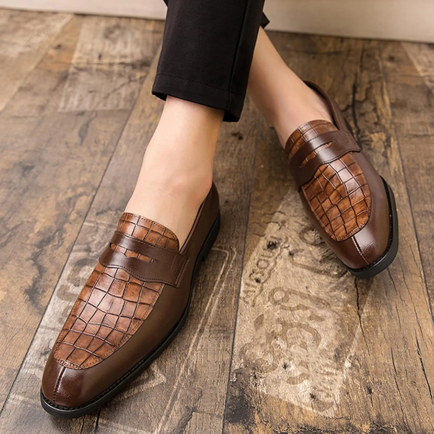 Men's Leather Printed Slip-On Dress Oxford Shoes Comfortable Round Toe Formal Business Loafers Moccasins Shoes for Men