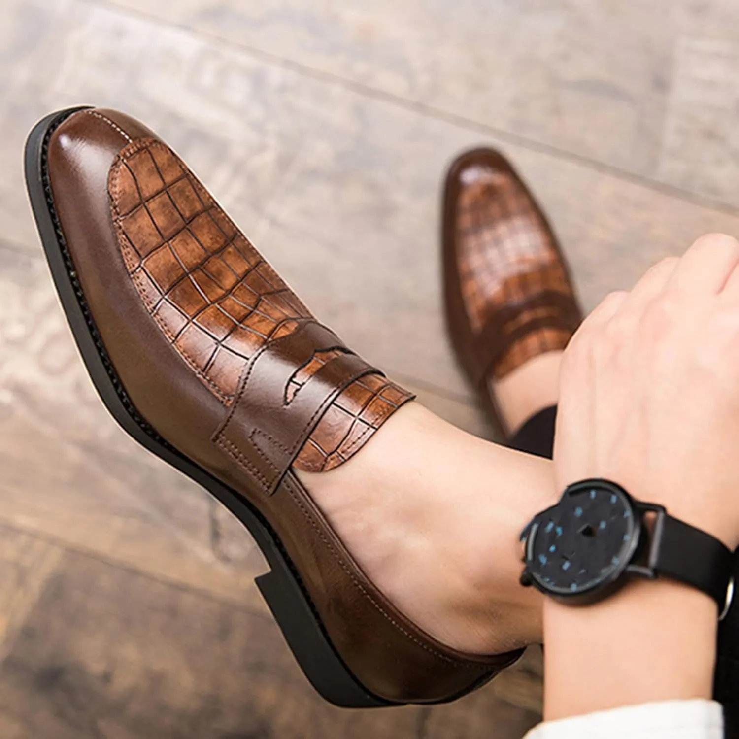 Men's Leather Printed Slip-On Dress Oxford Shoes Comfortable Round Toe Formal Business Loafers Moccasins Shoes for Men