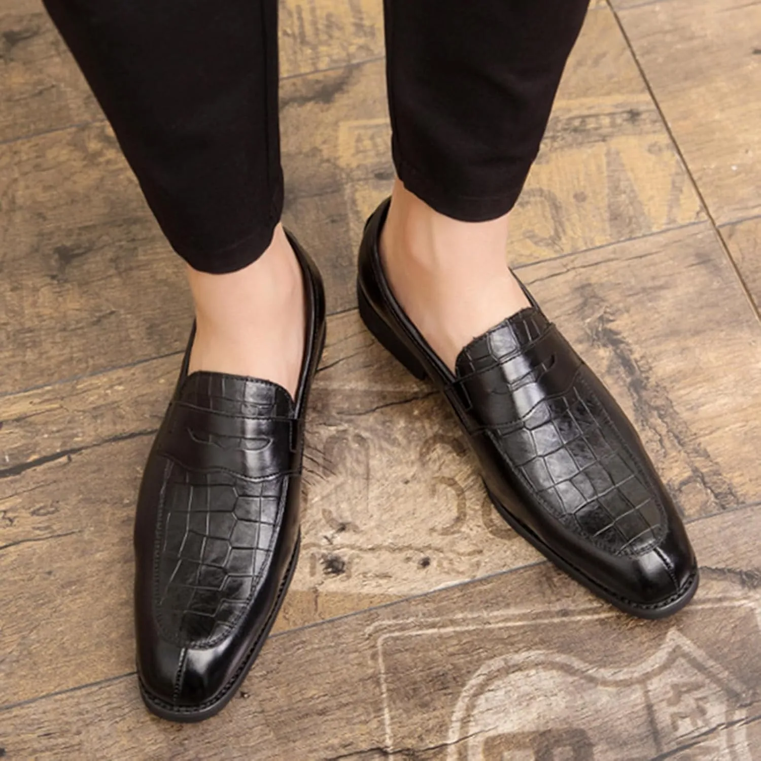 Men's Leather Printed Slip-On Dress Oxford Shoes Comfortable Round Toe Formal Business Loafers Moccasins Shoes for Men