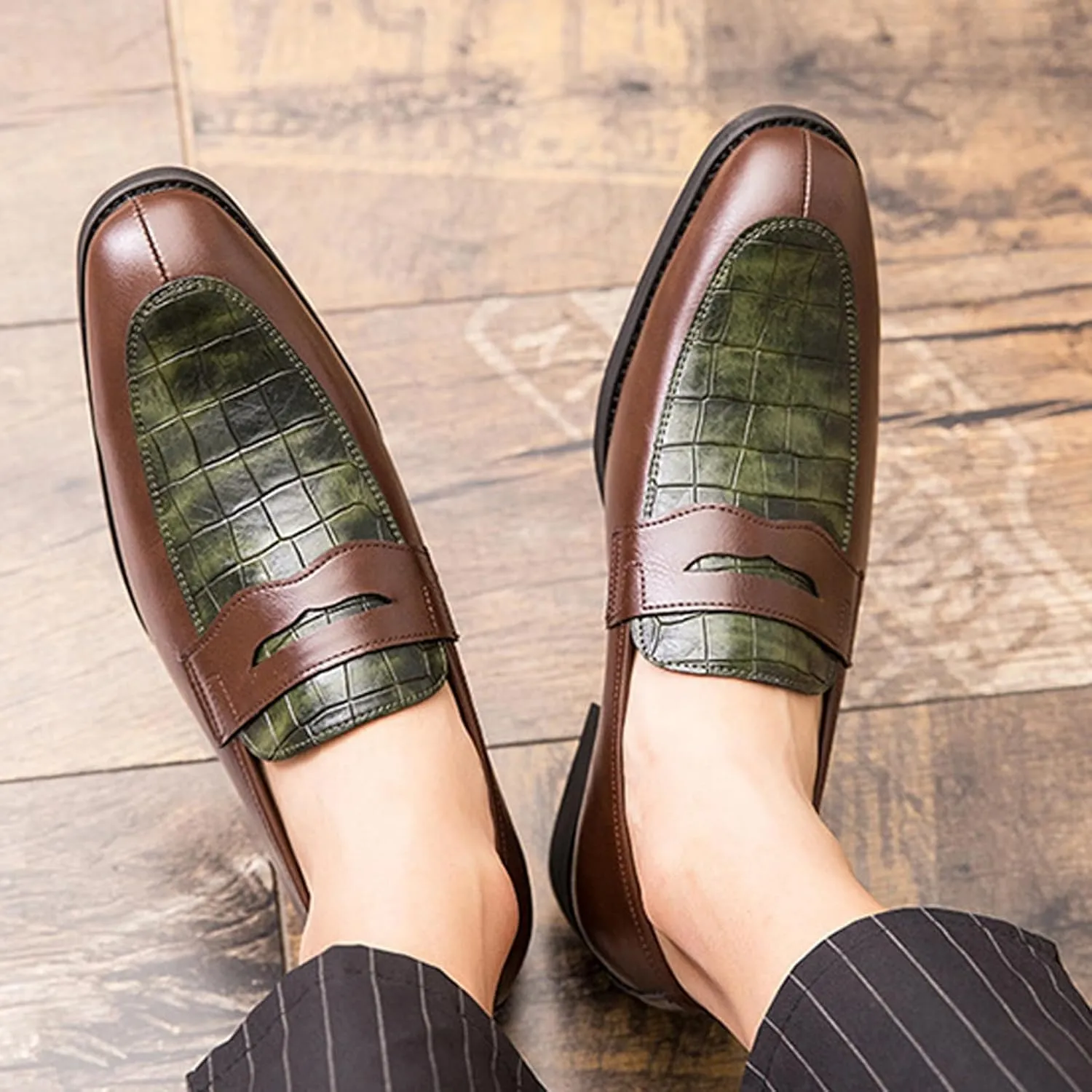 Men's Leather Printed Slip-On Dress Oxford Shoes Comfortable Round Toe Formal Business Loafers Moccasins Shoes for Men