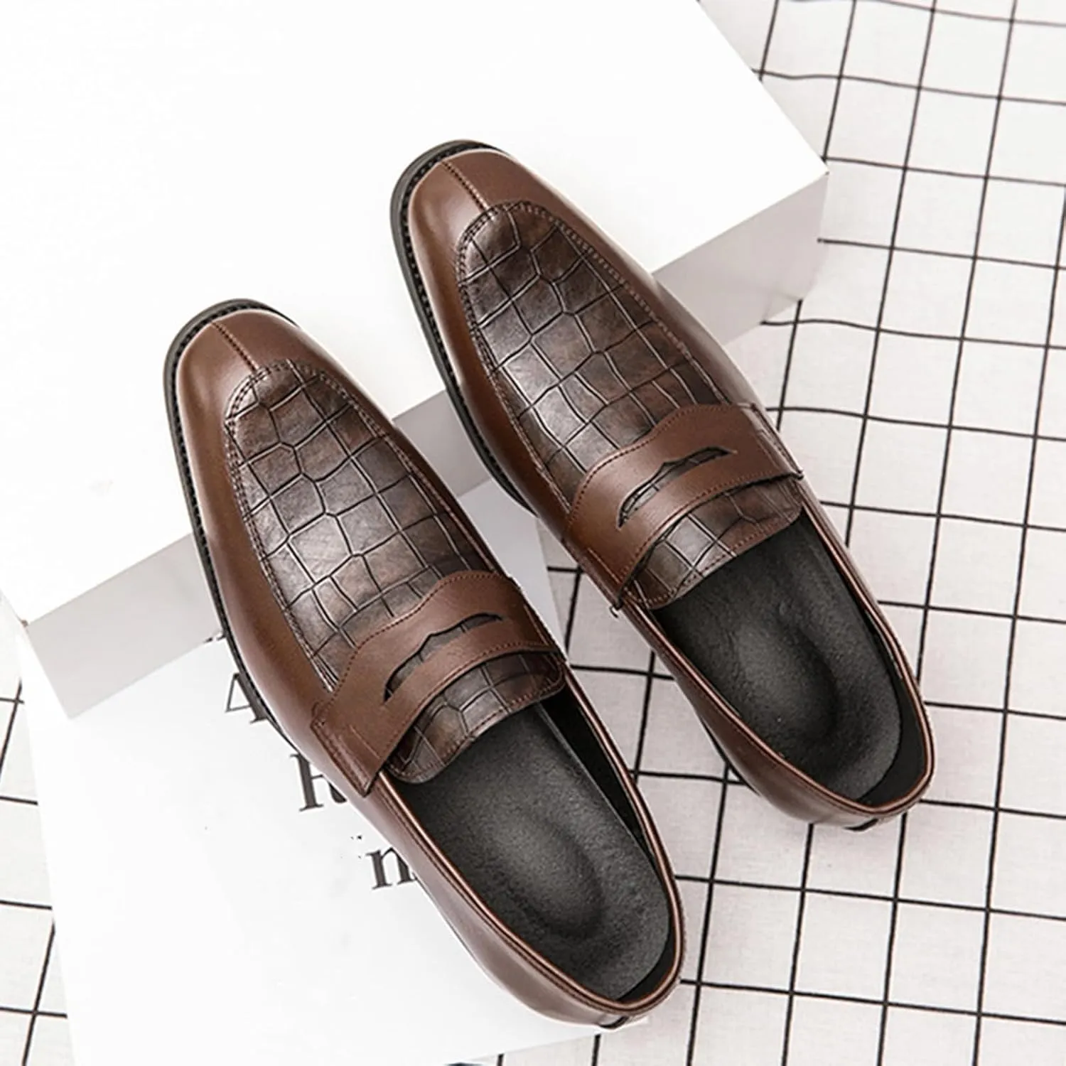 Men's Leather Printed Slip-On Dress Oxford Shoes Comfortable Round Toe Formal Business Loafers Moccasins Shoes for Men