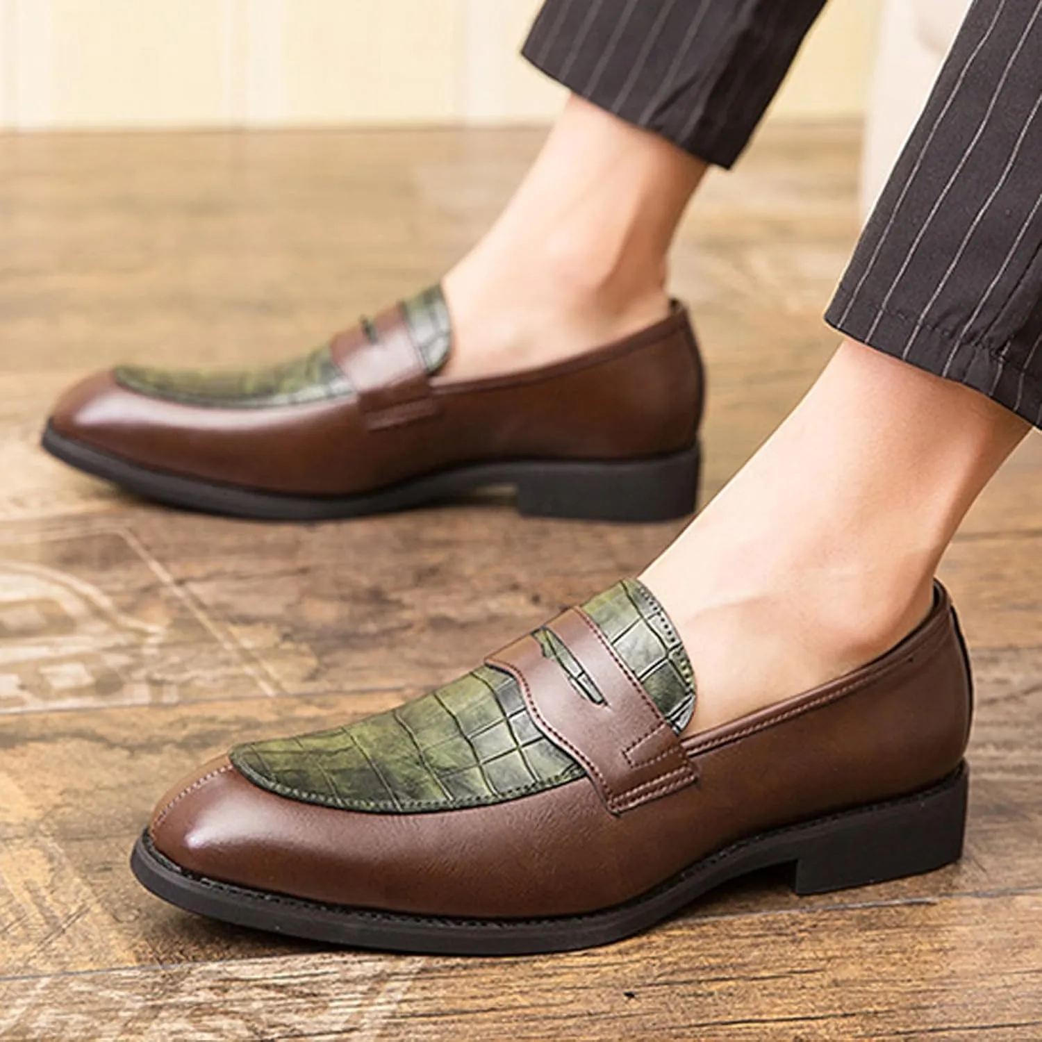 Men's Leather Printed Slip-On Dress Oxford Shoes Comfortable Round Toe Formal Business Loafers Moccasins Shoes for Men