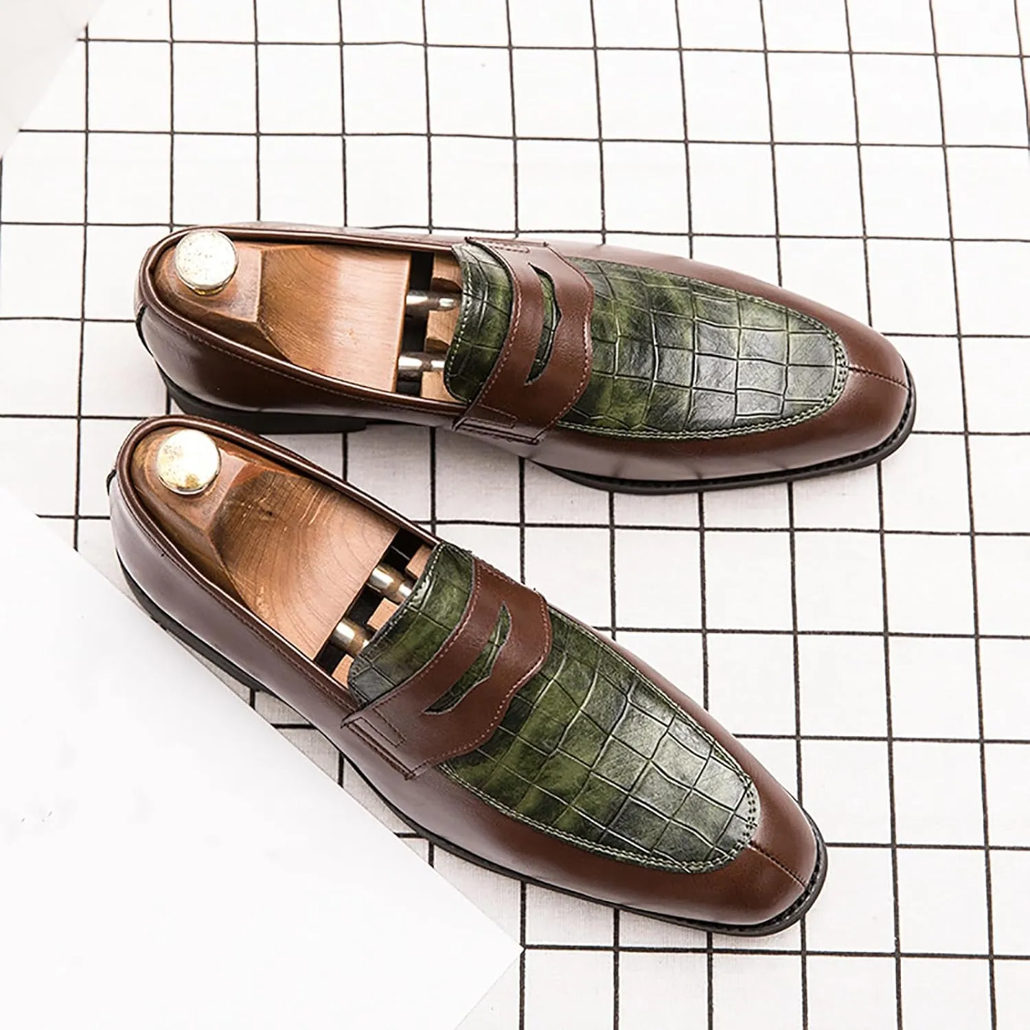 Men's Leather Printed Slip-On Dress Oxford Shoes Comfortable Round Toe Formal Business Loafers Moccasins Shoes for Men