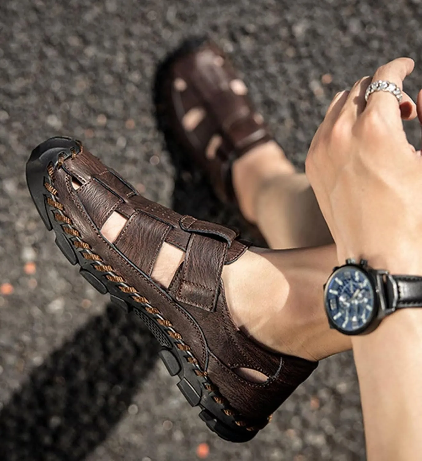 Mens Leather Sandals Casual Fisherman Summer Closed Toe Sandals Driving Hiking Trekking Walking Sandals Non-Slip Beach Shoes