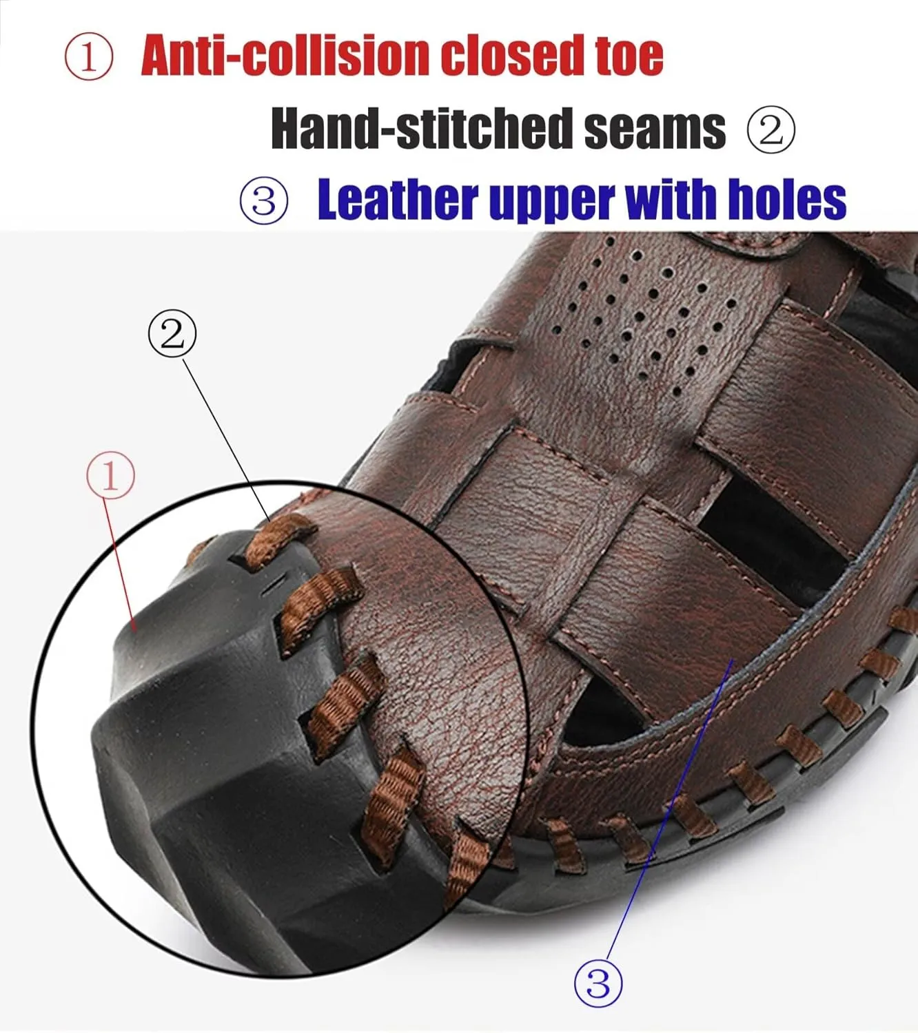 Mens Leather Sandals Casual Fisherman Summer Closed Toe Sandals Driving Hiking Trekking Walking Sandals Non-Slip Beach Shoes