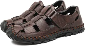 Mens Leather Sandals Casual Fisherman Summer Closed Toe Sandals Driving Hiking Trekking Walking Sandals Non-Slip Beach Shoes