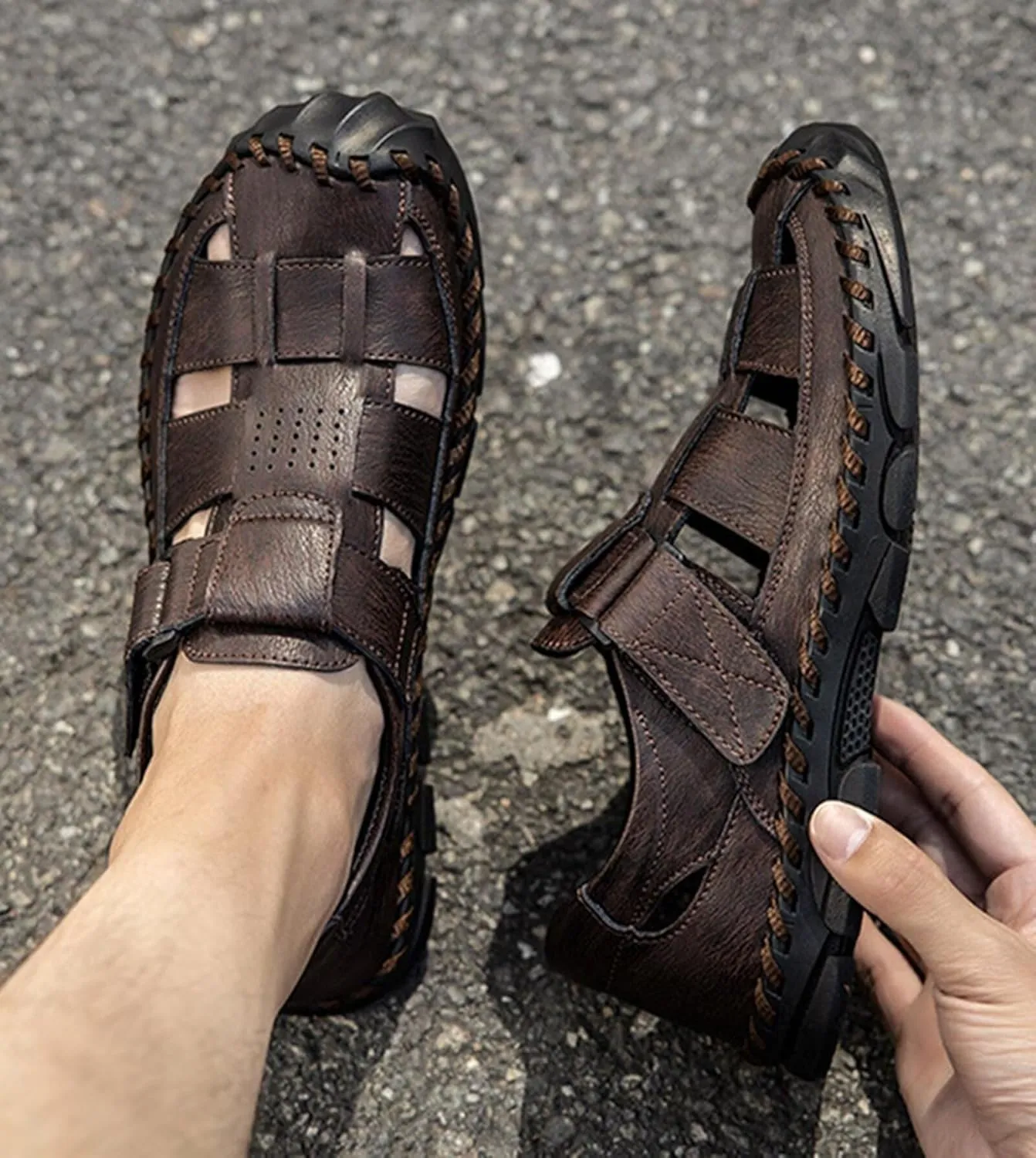 Mens Leather Sandals Casual Fisherman Summer Closed Toe Sandals Driving Hiking Trekking Walking Sandals Non-Slip Beach Shoes