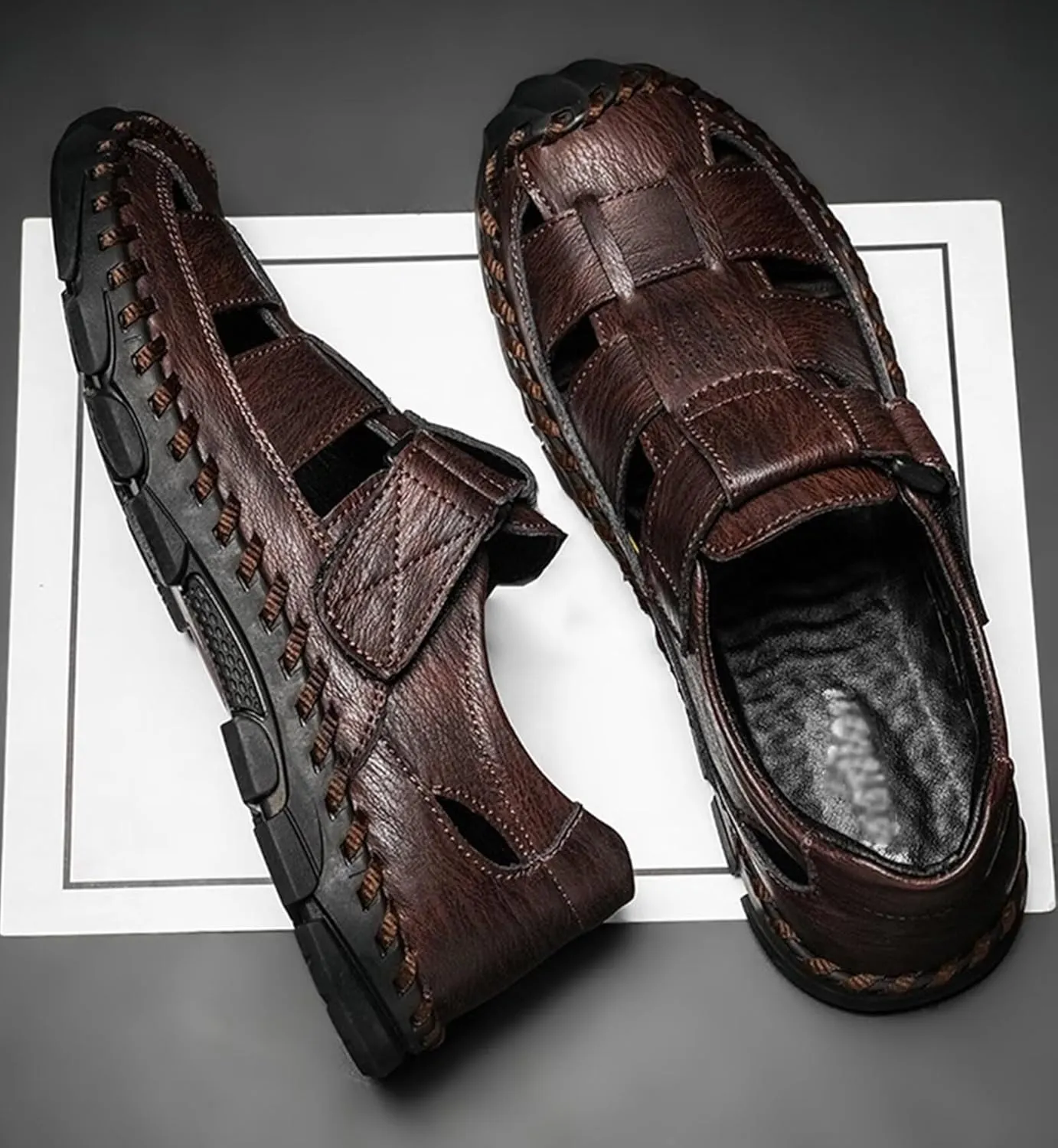 Mens Leather Sandals Casual Fisherman Summer Closed Toe Sandals Driving Hiking Trekking Walking Sandals Non-Slip Beach Shoes