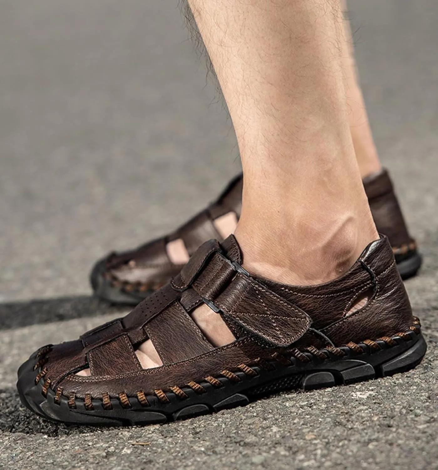 Mens Leather Sandals Casual Fisherman Summer Closed Toe Sandals Driving Hiking Trekking Walking Sandals Non-Slip Beach Shoes