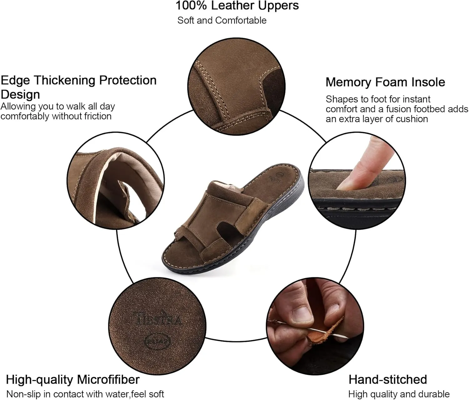 Men's Leather Slide Sandals With Memory Foam - Comfortable Lightweight Summer Casual Slip-On Sandals for Indoor & Outdoor, Beach, Pool, House Slippers
