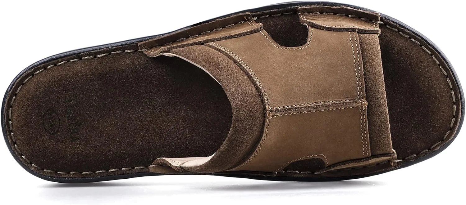 Men's Leather Slide Sandals With Memory Foam - Comfortable Lightweight Summer Casual Slip-On Sandals for Indoor & Outdoor, Beach, Pool, House Slippers