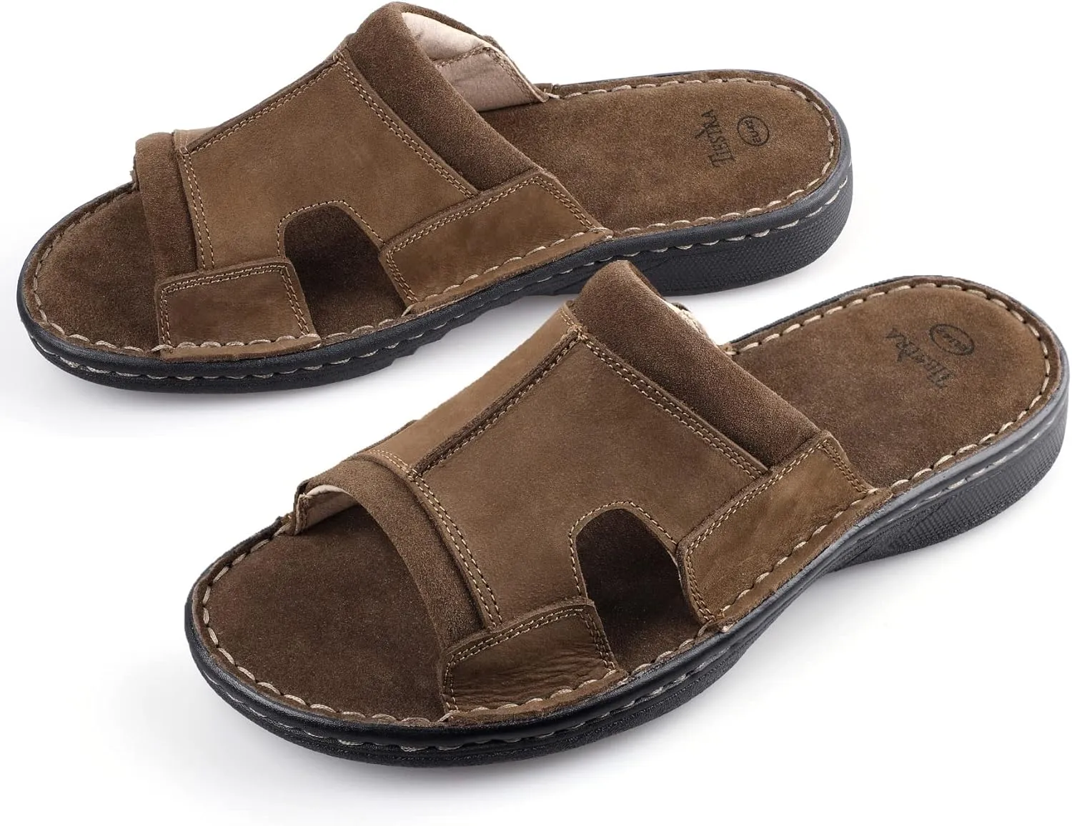 Men's Leather Slide Sandals With Memory Foam - Comfortable Lightweight Summer Casual Slip-On Sandals for Indoor & Outdoor, Beach, Pool, House Slippers