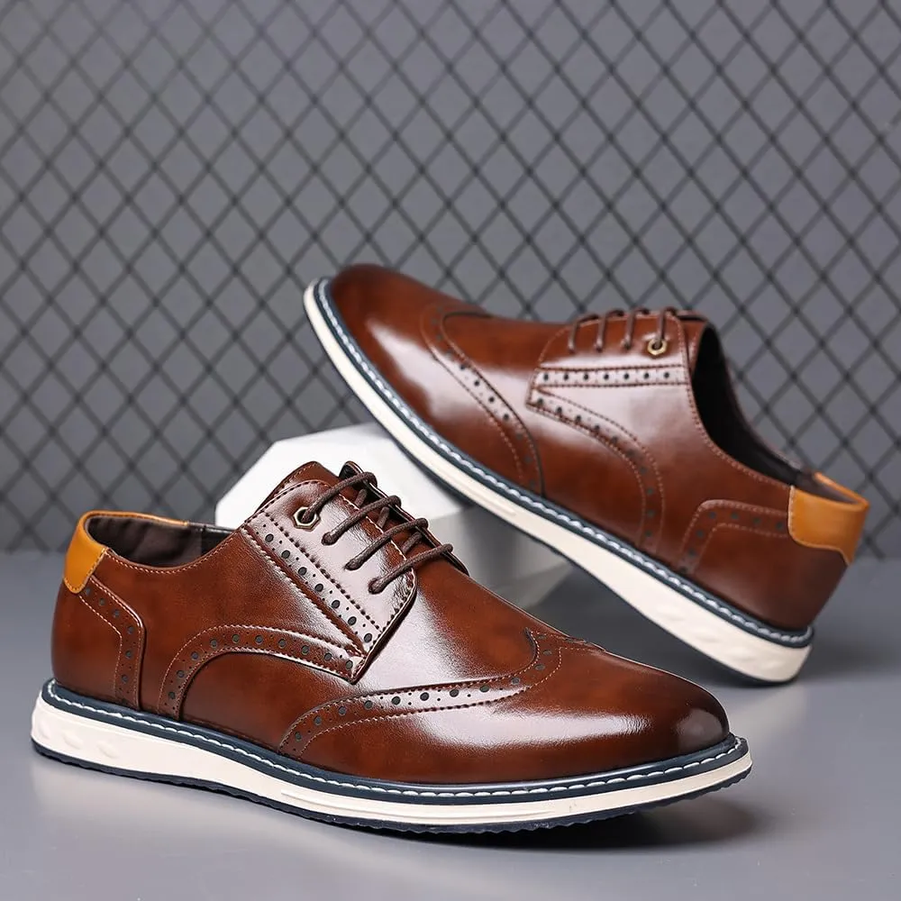 Men's Leather Wing Tip Patchwork Walking Gatsby Brogues Vogue Flat Round Toe Lace Up Work Dress Derby Shoes for Business Leisure Daily