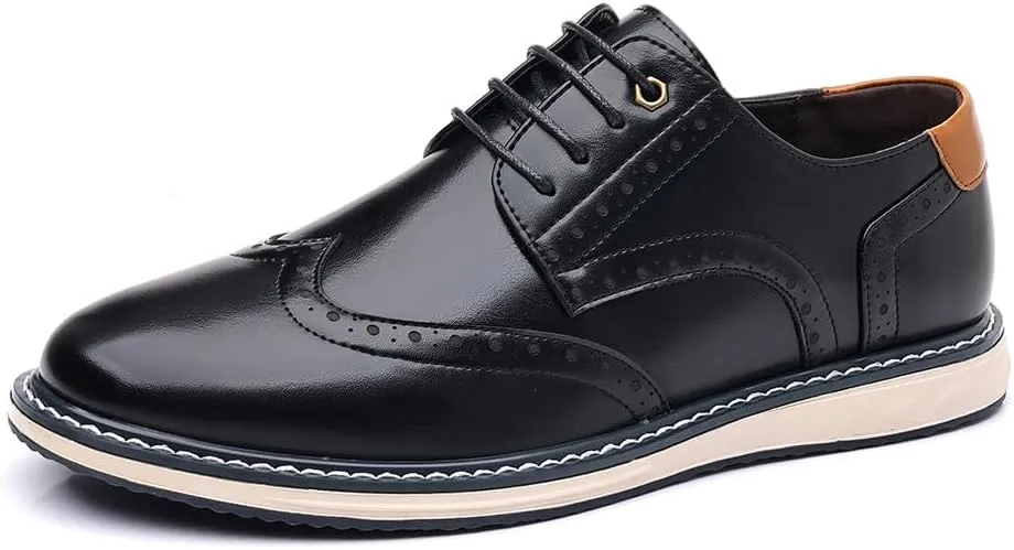 Men's Leather Wing Tip Patchwork Walking Gatsby Brogues Vogue Flat Round Toe Lace Up Work Dress Derby Shoes for Business Leisure Daily