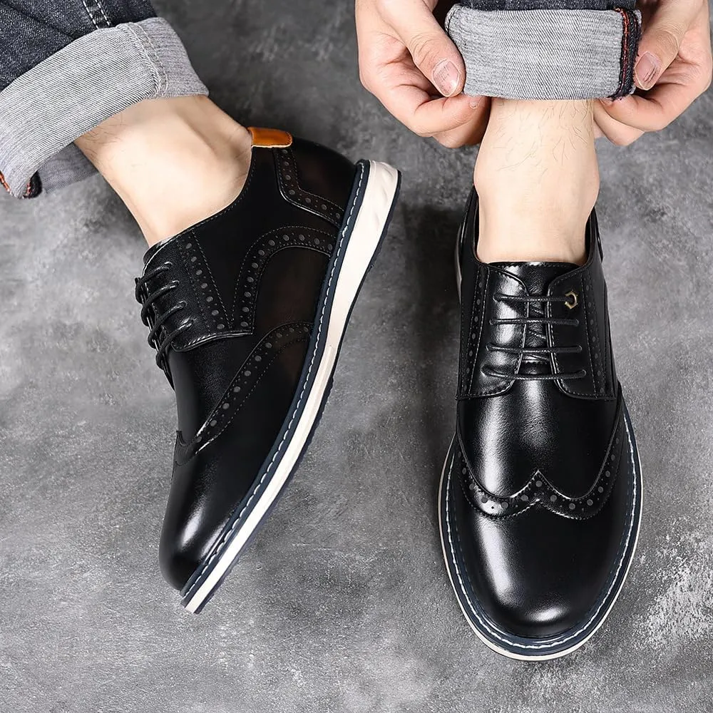 Men's Leather Wing Tip Patchwork Walking Gatsby Brogues Vogue Flat Round Toe Lace Up Work Dress Derby Shoes for Business Leisure Daily