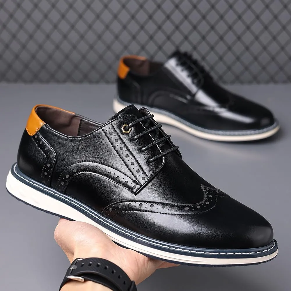 Men's Leather Wing Tip Patchwork Walking Gatsby Brogues Vogue Flat Round Toe Lace Up Work Dress Derby Shoes for Business Leisure Daily