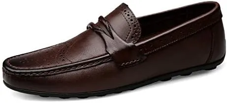 Mens Loafers Shoe Round Toe Solid Color Wingtip Leather Loafer Shoes Lightweight Comfortable Anti-Slip Fashion Slip On