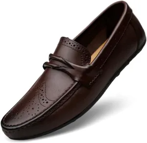 Mens Loafers Shoe Round Toe Solid Color Wingtip Leather Loafer Shoes Lightweight Comfortable Anti-Slip Fashion Slip On