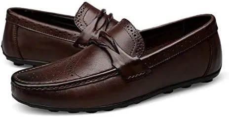 Mens Loafers Shoe Round Toe Solid Color Wingtip Leather Loafer Shoes Lightweight Comfortable Anti-Slip Fashion Slip On