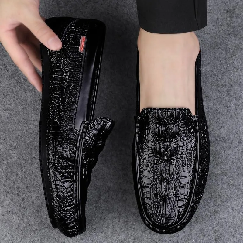 Men's Loafers Shoes Square Toe Crocodile Print Faux Leather Moccasins Shoes Comfortable Lightweight Anti-Slip Classic Slip-on