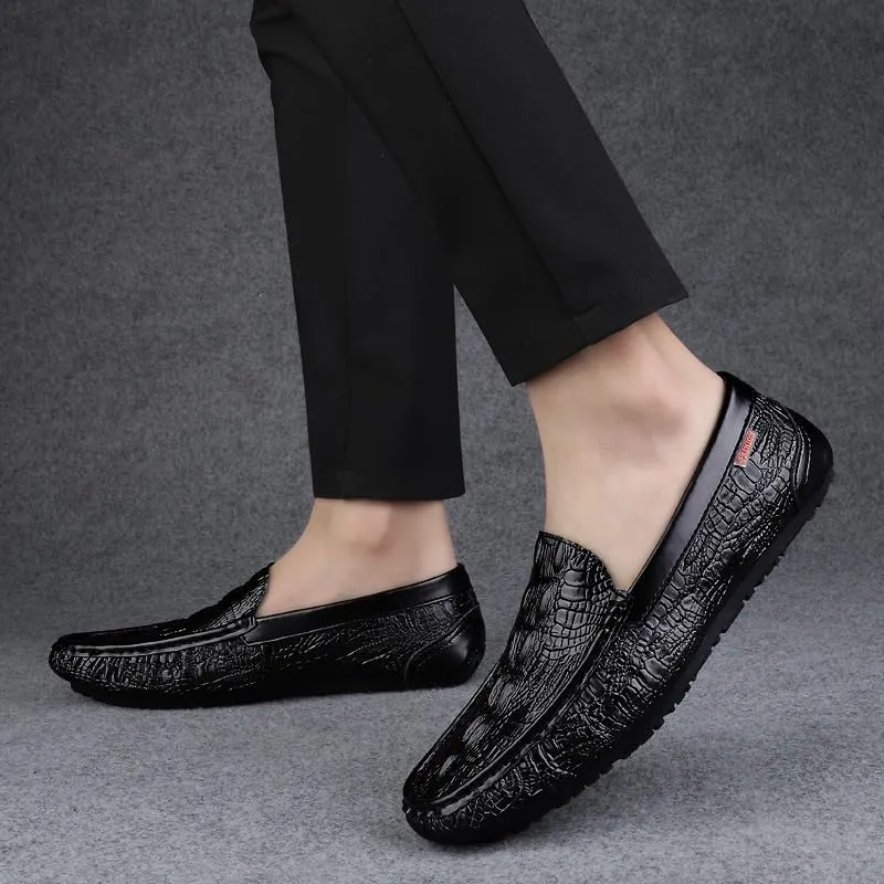 Men's Loafers Shoes Square Toe Crocodile Print Faux Leather Moccasins Shoes Comfortable Lightweight Anti-Slip Classic Slip-on