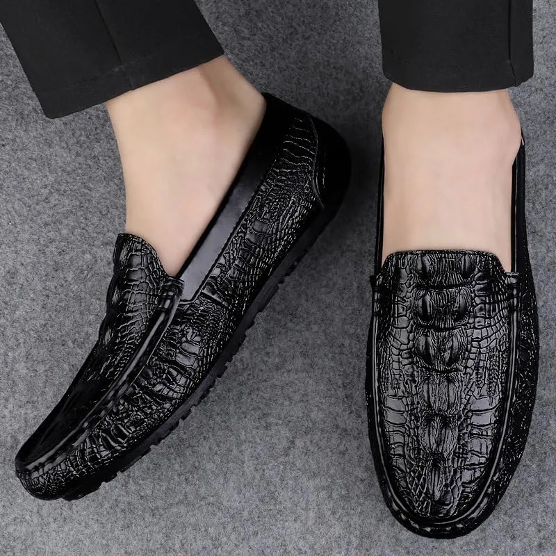 Men's Loafers Shoes Square Toe Crocodile Print Faux Leather Moccasins Shoes Comfortable Lightweight Anti-Slip Classic Slip-on