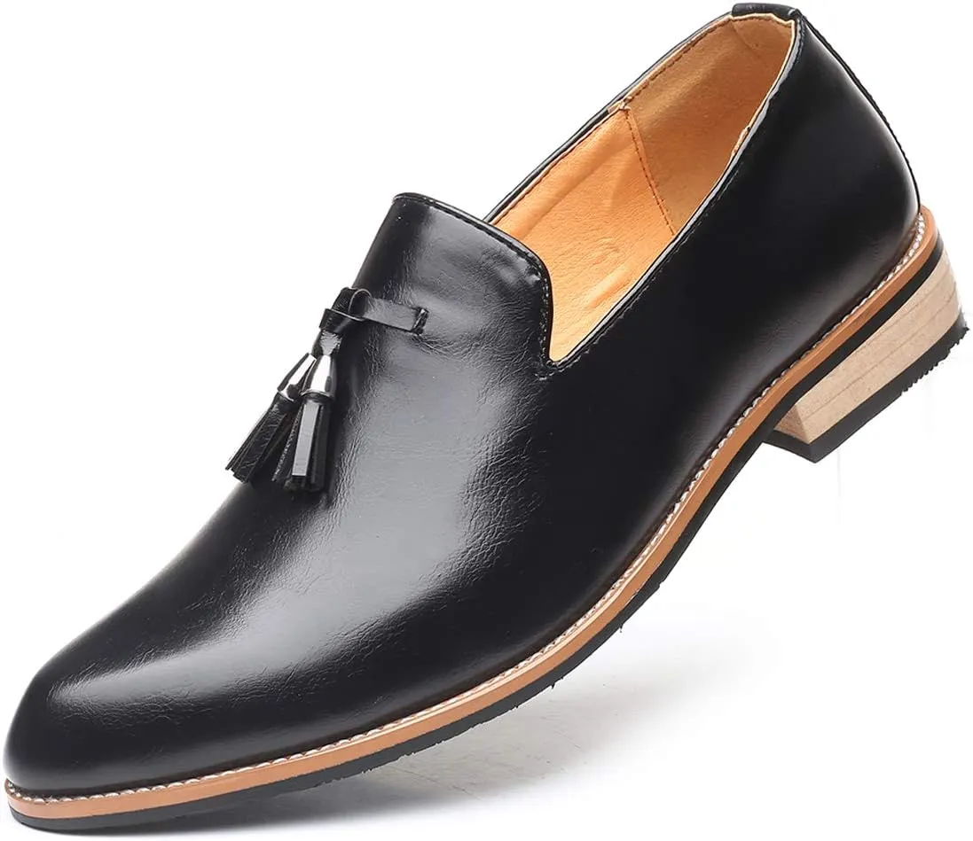 Mens Loafers Tassel Fringe Penny Loafers Round Toe Comfortable and Non-Slip Chunky Heel Casual Slip On Men Shoes for Driving Wedding Prom