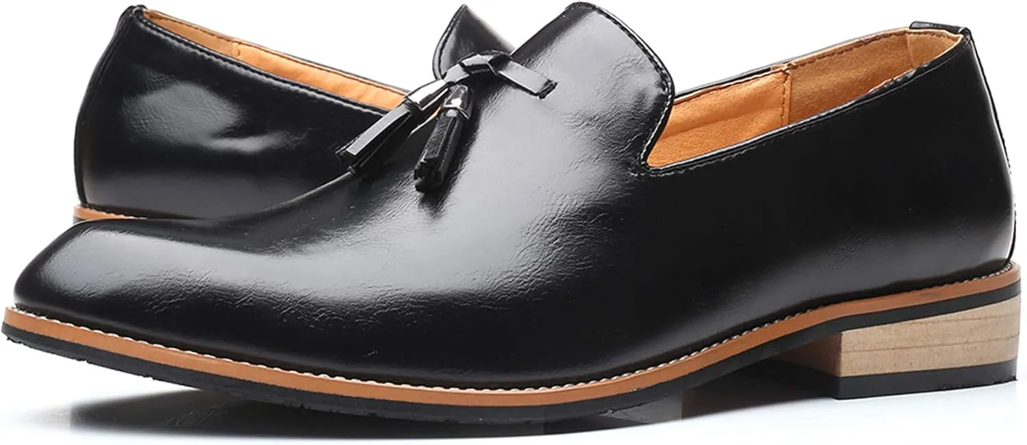 Mens Loafers Tassel Fringe Penny Loafers Round Toe Comfortable and Non-Slip Chunky Heel Casual Slip On Men Shoes for Driving Wedding Prom
