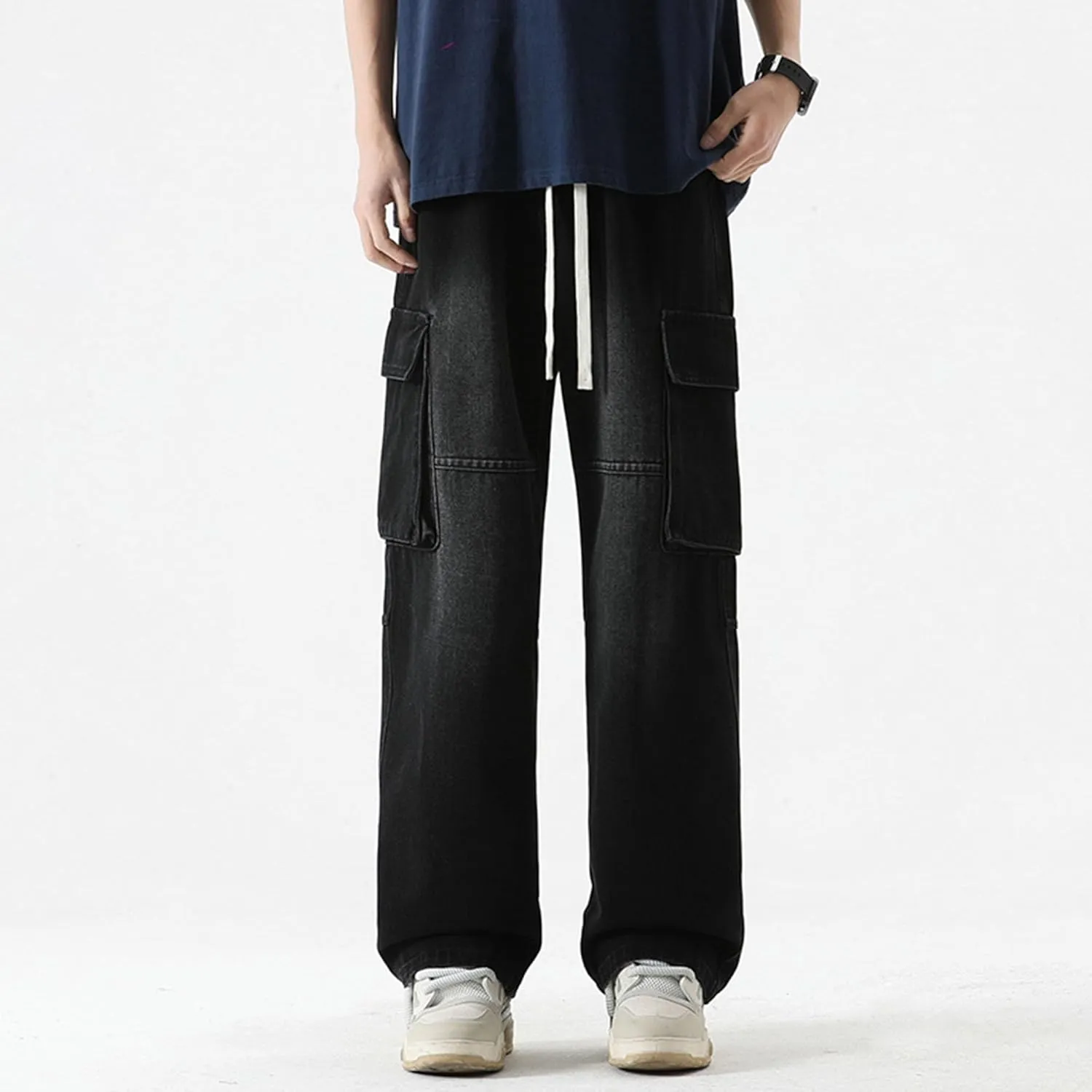 Men's Loose Washed Straight Leg Cargo Jeans Hip Hop Baggy Jeans Wide Leg Denim Pants Streetwear Denim Pants
