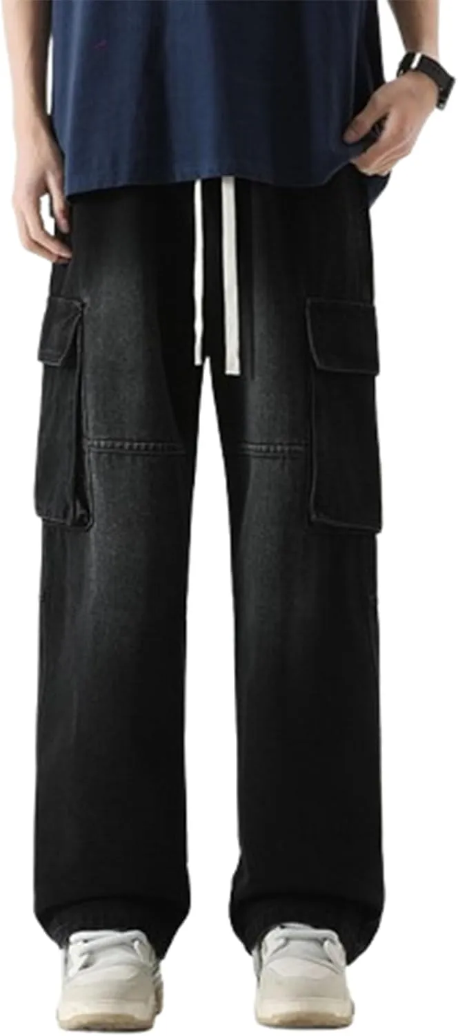 Men's Loose Washed Straight Leg Cargo Jeans Hip Hop Baggy Jeans Wide Leg Denim Pants Streetwear Denim Pants